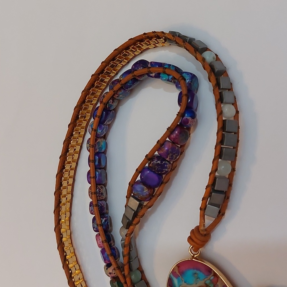 Hippie Bohemian Leather And Multi Color Agate Beads Multi Wrap Bracelet - Picture 5 of 7